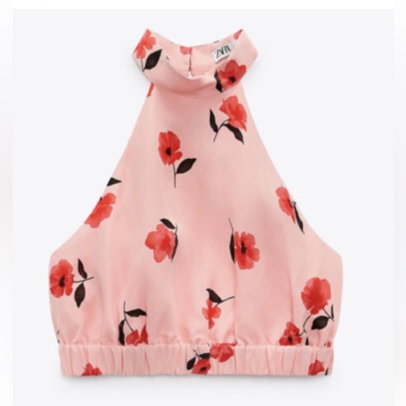 [XS]Zara Crop Top Coral Floral Print Linen-Blend Halter Neck - Picture 2 of 8